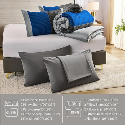 Anibedding King Size Blue Comforter Set 7 Pieces, Blue and Gray Patchwork Striped Bed in a Bag with Sheet Pillowcase for King Bed All Season