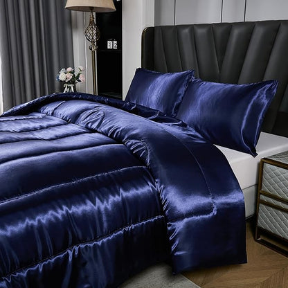 Satin Comforter Set Queen Silk Like Blue Bedding Comforter Luxury Hotel Silky Bed Home Deocr 1 Comforter 2 Pillowcases (Queen, Navy Blue)