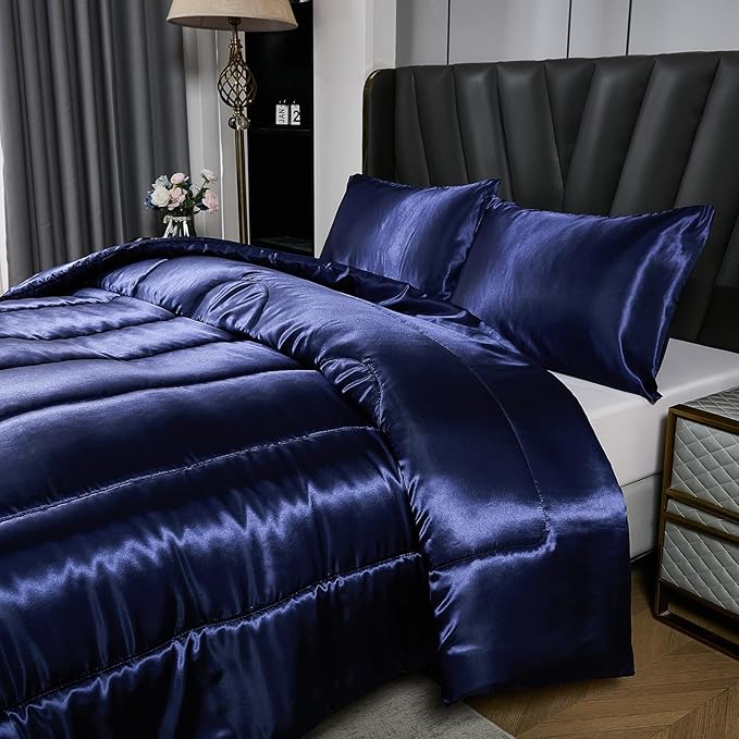 Satin Comforter Set King Silk Like Silky Bedding Set Luxury Hotel Silky Bed Home Deocr Navy Blue Soft Down Comforter Silky Quilt Set