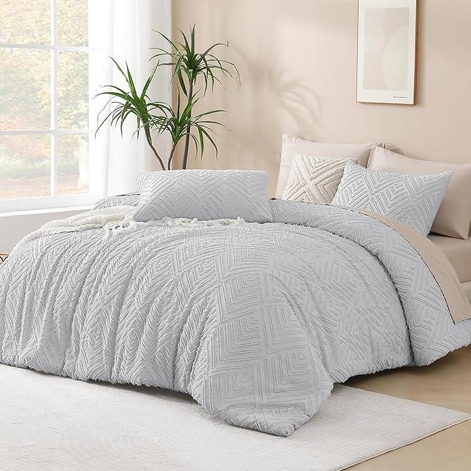 Andency Light Grey Comforter Oversized King Size Set 120''x98'', 3 Pieces Gray Soft Boho Bedding Set & Collections, Tufted Fluffy Shabby Chic Bed Set for All Seasons (1 Comforter, 2 Pillowcases)