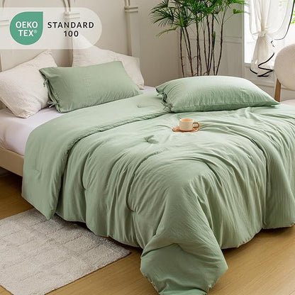Ultra-Soft Queen Size Comforter Sets - Comfy Cozy Washed Polycotton - 3 Piece Comfort Fluffy Bed Blanket Down Alternative Comforter & Pillowcase - Lightweight but Warm All Season, Sage Green