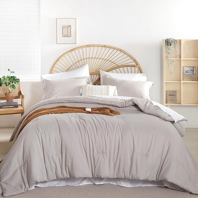 weigelia Full Size Comforter Set Linen Grey Comforter 7 Pieces Comforters Full Size with Sheets Soft Fluffy Comforter Set for Women and Men