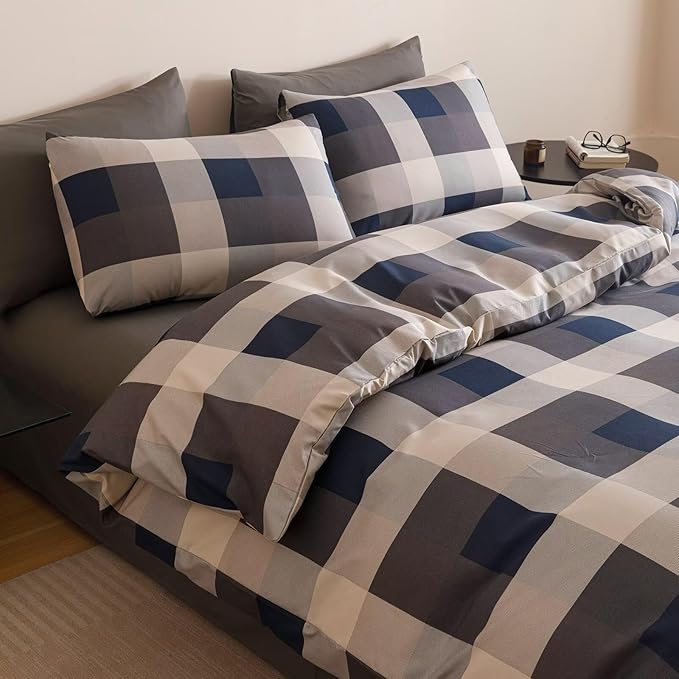 Houseri Blue Plaid Comforter Set Queen Vintage Grid Bedding Sets