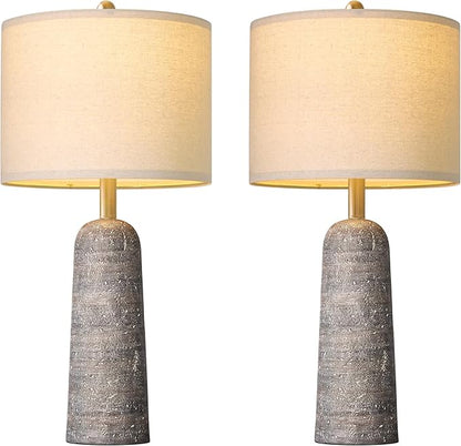BOBOMOMO 27.25" Modern Table Lamp Set of 2, Light Grey Resin Table Lamps with Stone Look, Lamps for Living Room with Linen Shades, Bedroom Nightstand Lamps, Table Lamps for Living Room End Tables
