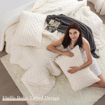 COTTEBED Reversible Sherpa Fluffy Comforter Queen Set, Boho Tufted Full Size Bedding Down Comforter Bed Set, Ultra-Soft Lightweight Washed Cotton Shabby Plush Fleece Sherpa All Season, Off White Ivory