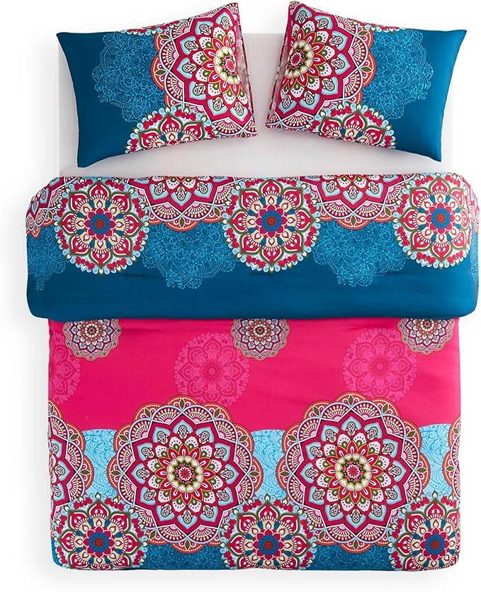 Wake In Cloud - Bohemian Comforter Set, Boho Chic Ornate Floral Elements Pattern Printed for Men Women, Soft Lightweight Bedding, 3 Pieces, Fuchsia Blue, King Size
