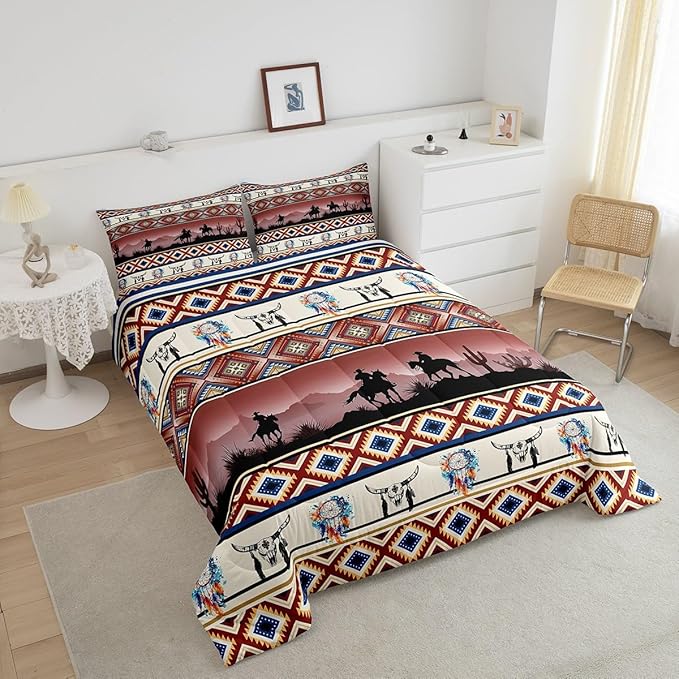 Erosebridal Horse Decor Western Comforter Set Queen,Farm Animals Quilt Indian Tribal Geometric Aztec Bedding Sets,Exotic Dream Catchers Feather Duvet Insert Farmhouse Western Room Decor,Red