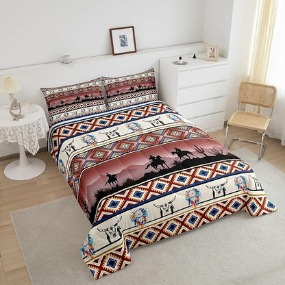 Horse Decor Western Comforter Set Twin,Farm Animals Quilt Indian Tribal Geometric Aztec Bedding Sets,Exotic Dream Catchers Feather Duvet Insert Farmhouse Western Room Decor,Red