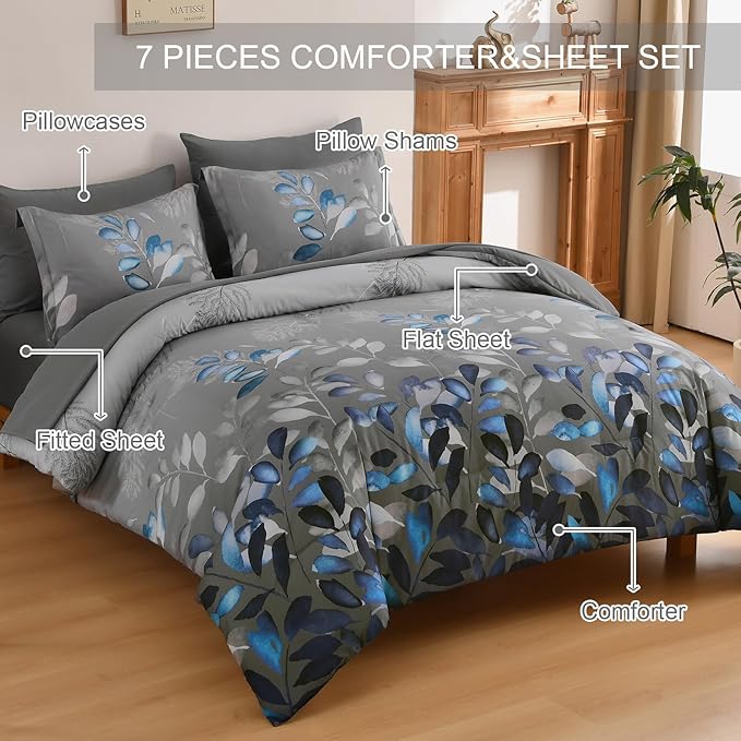 Anibedding Botanical Queen Comforter Set, 7 Piece Grey Blue Leaves Ultra Soft Microfiber Down Alternative Bedding Set with Sheets and Pillowcase for All Season
