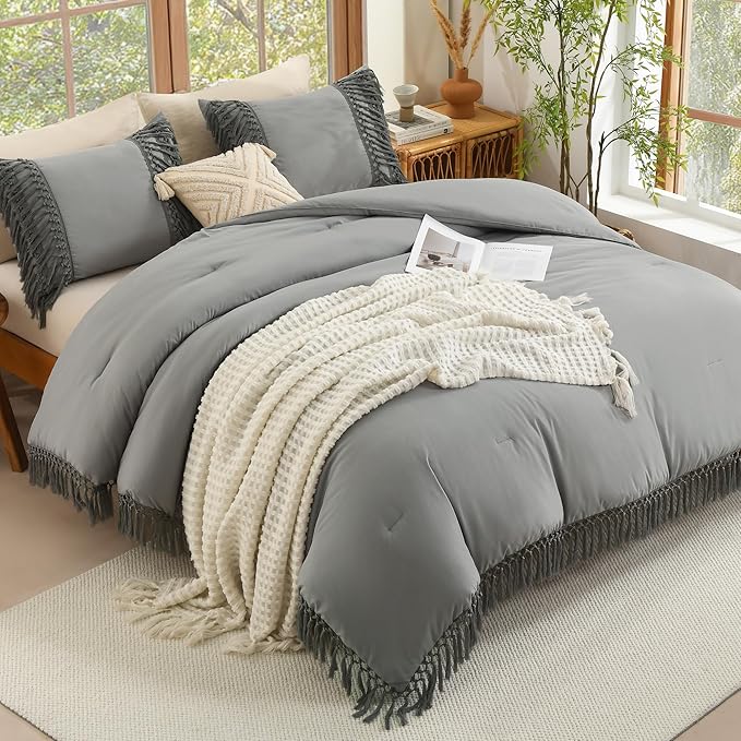 Andency Medium Grey Comforter Set California King, 3 Pieces Boho Cal King Tassel Lightweight Soft Bedding Comforter Sets, Oversized Bed Set (104x96In Comforter & 2 Pillowcases)