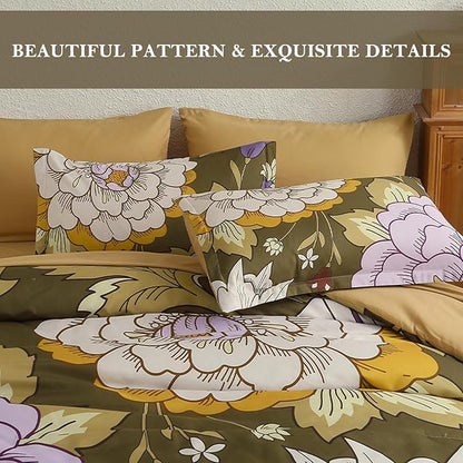 DJY 7 Pieces Brown Floral Comforter Set King Size Botanical Bed in a Bag, Soft Microfiber Boho Farmhouse Bedding Floral Comforter with Sheets Set for All Season (104''x90'')