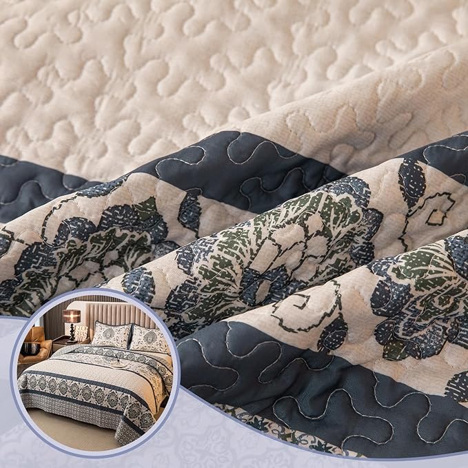 Bohemian Queen Size Quilt Comforter Sets 3 Pieces Quilts (1 Quilt, 2 Pillow Shams) Nordic Bedding Set Printed Coverlet with Pillowcase Lightweight Bedspread Set for All Seasons(Dark Blue)