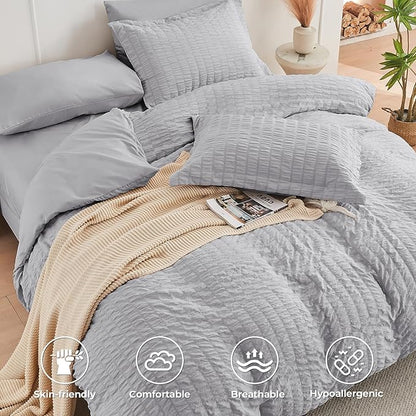 HYMOKEGE Light Grey Twin Comforter Set Seersucker 5 Pieces, All Season Luxury Bed in a Bag for Bedroom, Bedding Set with Comforters, Sheets, Pillowcase & Sham