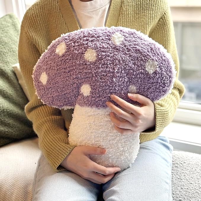 Mushroom Throw Pillow Tufted Decorative Cushion 15” x 15” – Decor for Bed, Couch, Living Room (Purple)