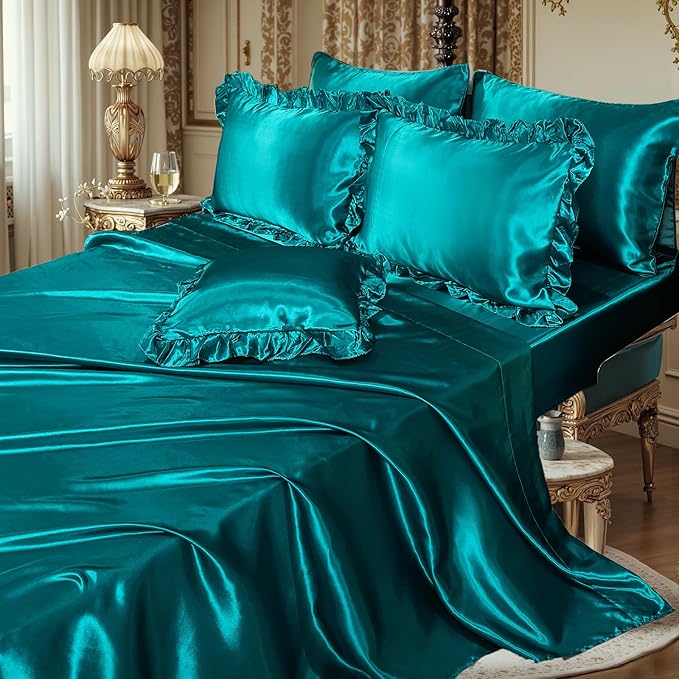 Silky Comforter Set with Sheet Set King 8 Pcs Peacock Green Bed in a Bag Green Bedding Set Silk Like Satin Ruffle Home Deocr Sexy Hotel Silky Bed Set with 1 Cushion Cover