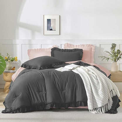 Andency Dark Gray Comforter Set Full, 3 Pieces Full Bed Solid Bedding Comforters & Sets, (1 Ruffle Comforter and 2 Pillowcases) All Season Lightweight Fluffy Soft Microfiber Bedding Set(79x90Inch)