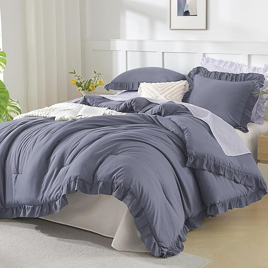 Andency Dark Blue Grey King Size Comforter Set, 3 Pieces Solid Farmhouse Shabby Chic Bedding Comforters & Sets, All Season Western Rustic Soft Down Alternative Bed Set for Adult Men Women