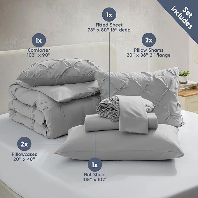 Nestl King Size Comforter Set 7 Pieces - Pinch Pleated Comforter Set Light Grey, Bed in a Bag, All Season Bed Set, Bedding Set with Flat Sheet, Fitted Sheet, Pillowcases and Shams