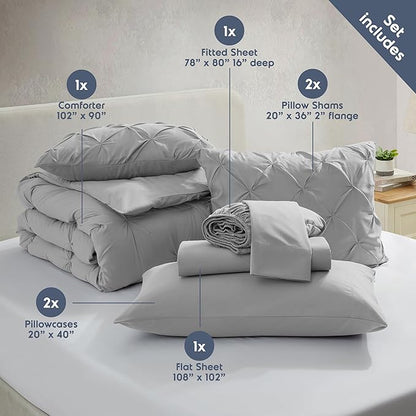 Nestl King Size Comforter Set 7 Pieces - Pinch Pleated Comforter Set Light Grey, Bed in a Bag, All Season Bed Set, Bedding Set with Flat Sheet, Fitted Sheet, Pillowcases and Shams