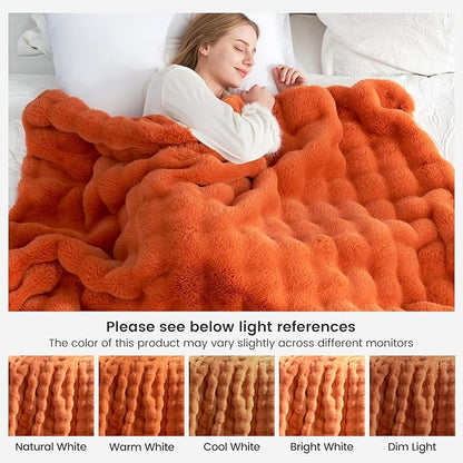 Cozy Bliss Faux Fur Throw Blanket for Bed King Size, Bubble Plush Blanket, Fuzzy Soft & Thick Blanket for Fall Bed Sofa Living Room, 108x90 Inches Halloween Burnt Orange