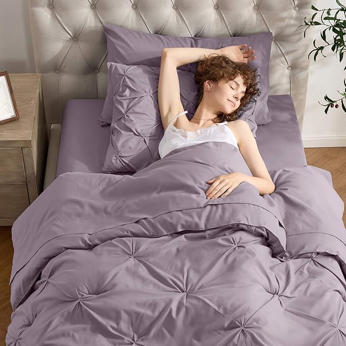 Nestl Twin Comforter Set 5 Piece - Pintuck Twin Bedding Set Grayish Purple, College Dorm Essentials for Girls and Boys Bed in a Bag Twin All Season, Twin Comforter Set with Sheets, Pillowcase and Sham