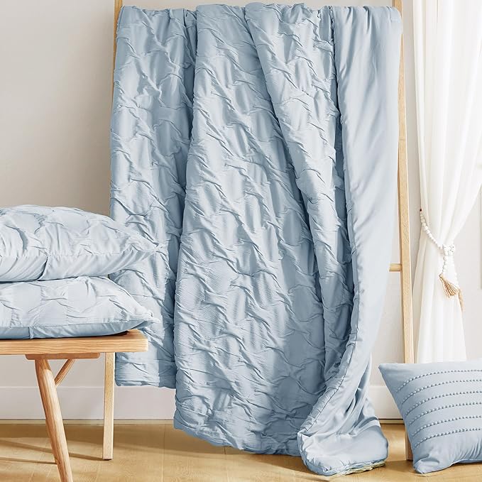 Comfort Spaces Comforter for Queen Size Bed, Ogee Ruched with Crinkle Texture, Breathable Comforter Set Queen, All Season Lightweight Bedding Set, Shams, Décor Pilow, Full/Queen Blue 4 Piece