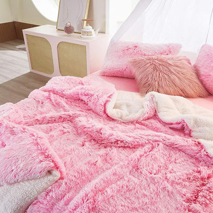 Luxury Faux Fur Shaggy Fluffy Comforter Set Full/Queen Size Mixed Blush Pink and White Long Hair, 3 Pieces Plush Flannel Sherpa Backing Reversible Soft Microfiber Bedding Set Super Warm for Winter
