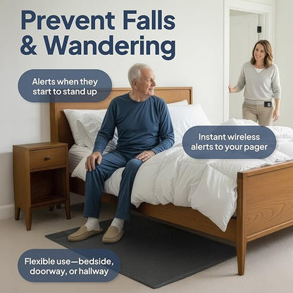 Smart Caregiver Floor Mat Alarm and Pager System - Includes Wireless Pager That Alerts When Someone Steps on The Durable 24in x 48in Floor Mat Sensor