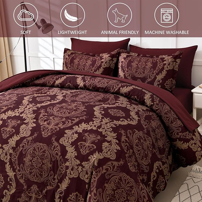 WONGS BEDDING Burgundy Comforter Set King Size, Maroon Damask Texture 7 Pieces Bed in a Bag Polyester Comforter Bedding Sets -1 Comforter, 1 Flat Sheet, 1 Fitted Sheet, 2 Pillow Shams,2 Pillowcases
