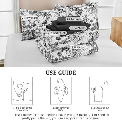 DJY Black Comforter Set King, 7 Pieces Black and White Botanical Comforters King Size Elegant Plants Print with Sheets Bed in a Bag Soft Microfiber Reversible Complete Bedding Sets for All Season
