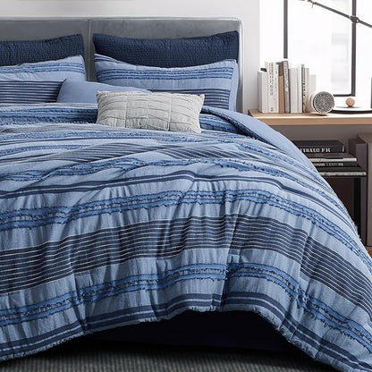 Wonderful Denim Blue Comforter Set Twin Size, Yarn Dyed Farmhouse Striped Cotton Boho Comforter with Pillow Shams, Fluffy Bedding Set for All Season