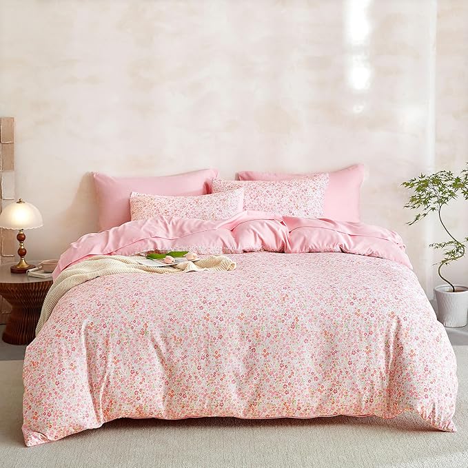 Wake In Cloud - Floral Comforter Set with Sheets, Cute Vintage Flower Cottagecore Aesthetic for Women Teen Girls, 5 Pieces Bed in a Bag, Pink, Twin Size
