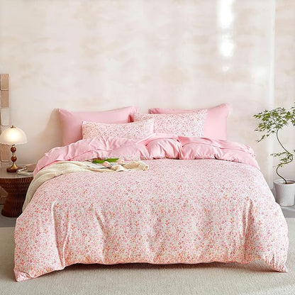 Wake In Cloud - Floral Comforter Set with Sheets, Cute Vintage Flower Cottagecore Aesthetic for Women Teen Girls, 5 Pieces Bed in a Bag, Pink, Twin Size