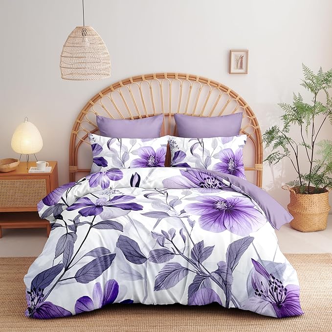 Nayoroom Purple Floral Comforter Set Full Size Lavender Blooming Flower Leaf Printed Spring Comforter 3 Pcs Soft Lightweight Cottagecore Bedding Set for All Seasons (1 Comforter, 2 Pillowcases)