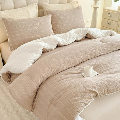 Boho Comforter Set Twin Size Striped Pleats Bohemian Seersucker Bedding Set All Season Soft Cozy 2 Pieces Quilt with 1 Pillowcase(68"X90" Beige)