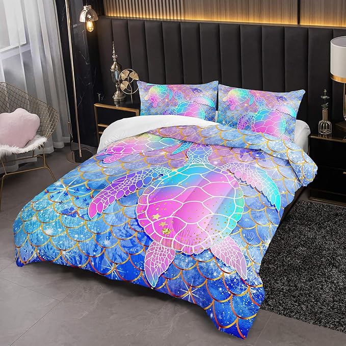 Mermaid Scales Bedding Set for Girls,Rainbow Scales Mermaid Printed Comforter Set Full Size for Kid Women,Glitter Star Bed Set Quilts Set Lightweight Soft Microfiber Warm Down Alternative All Season