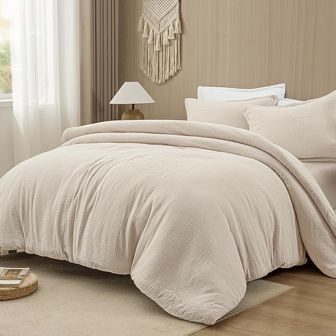 PHF Cotton Muslin Comforter Set Queen – 100% Cotton Cover, Ultra Soft & Breathable, 3PCS Lightweight All-Season Bedding with Polyester Fill, 1 Comforter 90"x90" & 2 Pillow Shams 20"x26", Natural