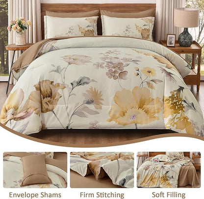 DJY Floral Comforter Set King Size 7 Pieces Cream & Warm Yellow Floral Bed in a Bag with Flower Leaves Pattern, Soft Microfiber Botanical Comforter and Sheet Set All Season Bedding Set(104''x90'')