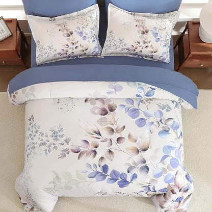 Xruibed Beige Comforter Set Queen Size 7 Pieces Bed in a Bag, Botanical Floral Print Bed Sets, Flower Comforter with Sheet Set, Soft Microfiber Neutral Bedding Set for All Season (Beige, 90"x90")