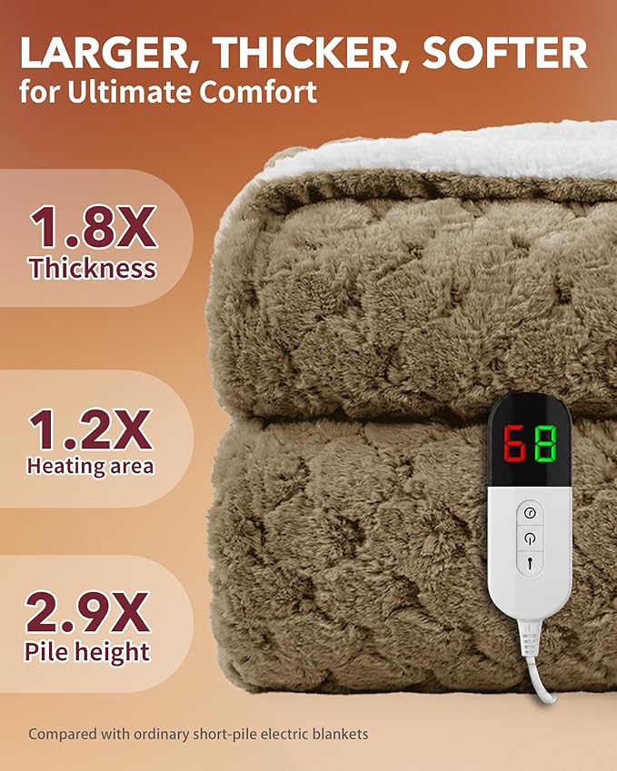 Homemate Heated Blanket Electric Throw - 50"x60" Heating Blanket Throw 4 Hours Auto-Off 10 Heat Levels Over-Heat Protection Luxury 800 GSM Faux Fur 200 GSM Sherpa ETL Certification