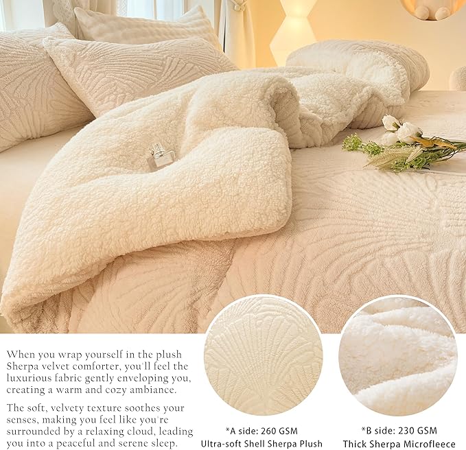 Seashell Jacquard Sherpa Comforter Set Warm Cozy Premium Bedding 2 Pieces, Twin Size Geometric Pattern Quilt Comforter with 1 Pillowcases(68"X90" Ivory White)