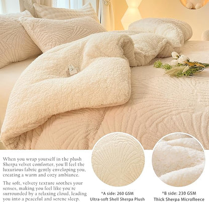 Seashell Jacquard Sherpa Comforter Set Warm Cozy Premium Bedding 2 Pieces, Twin Size Geometric Pattern Quilt Comforter with 1 Pillowcases(68"X90" Ivory White)