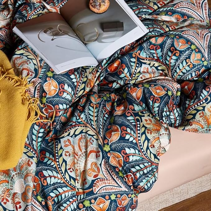 MKXI Blue Comforter Set Twin Pink Paisley Patterned Floral Bedding Comforter Set Cute Twin Size Boho Bed Comforter 68"x 90"