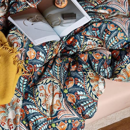 MKXI Blue Comforter Set Queen Pink Paisley Patterned Floral Bedding Comforter Set Boho Bed Quilt Summer Comforter 90"x 90"