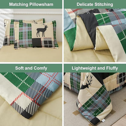 Comforter Set King Size Plaid Patchwork Comforter Bedding-7 Piece Bed in a Bag,Rustic Soft Reversible Microfiber Bedding Set(1 Comforter,1 Flat Sheet,1 Fitted Sheet,2 Pillowcases,2 Pillow Shams)Green