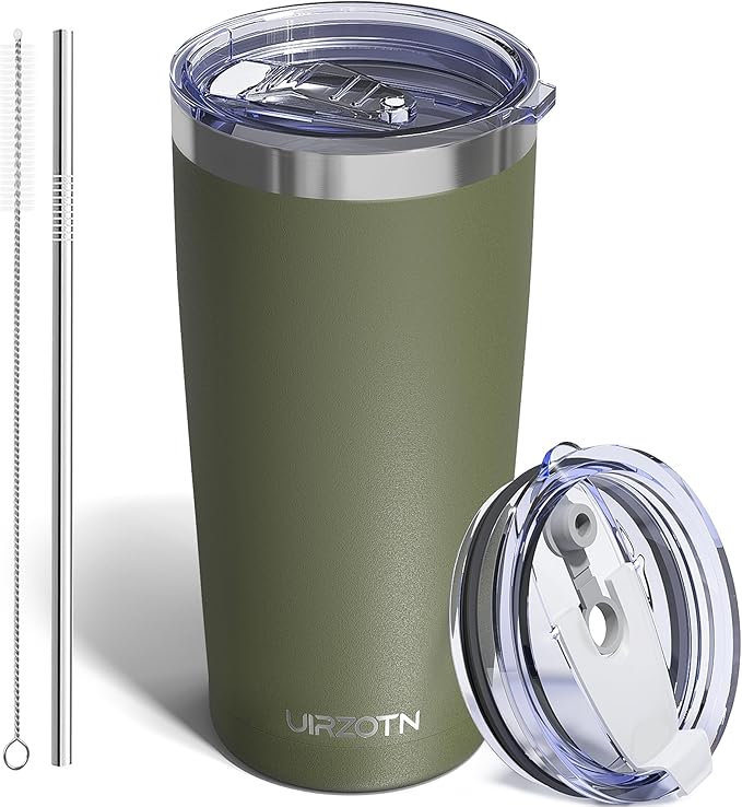 Travel Coffee Tumbler 20oz, Leakproof Travel Coffee Mug with Dual Lids and Straw, Stainless Steel Double Wall Vacuum Insulated Tumbler for Hot/Iced Drinks (Army Green, Textured Matte)