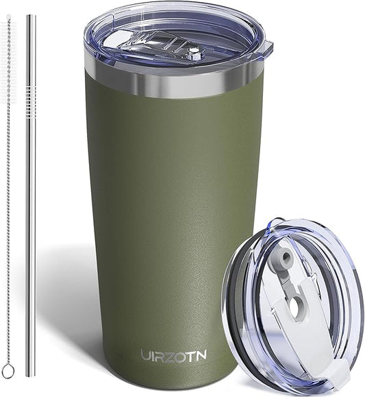 Travel Coffee Tumbler 20oz, Leakproof Travel Coffee Mug with Dual Lids and Straw, Stainless Steel Double Wall Vacuum Insulated Tumbler for Hot/Iced Drinks (Army Green, Textured Matte)
