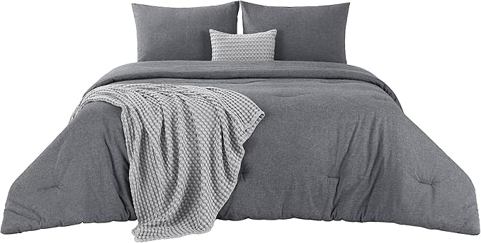 Bedsure 5 Pieces Cotton Comforter Set with Cotton Waffle Throw Blanket - Dark Grey Queen Comforter, Pillow Shams, Grey Cooling Blanket of Rayon Derived from Bamboo for Hot Sleepers, Throw Pillow