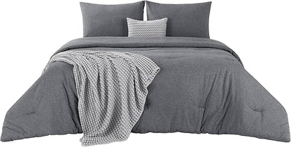 Bedsure 5 Pieces Cotton Comforter Set with Cotton Waffle Throw Blanket - Dark Grey Queen Comforter, Pillow Shams, Grey Cooling Blanket of Rayon Derived from Bamboo for Hot Sleepers, Throw Pillow