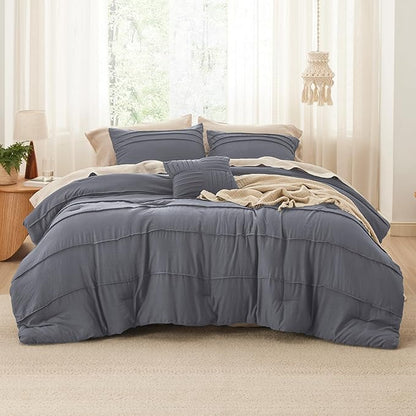 Bedsure California King Comforter Set - 4 Pieces Pinch Pleat Bed Set, Dark Grey Boho Bedding for All Season, 1 Soft Comforter, 2 Pillowcases, 1 Decorative Pillow